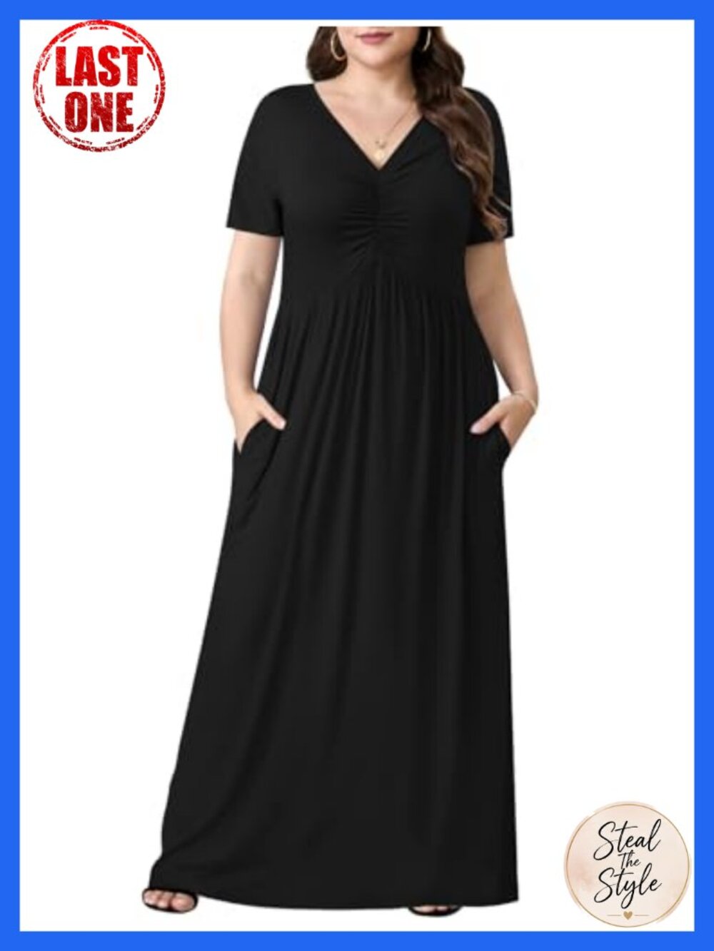 Plus Size Maxi Dress Summer Short Sleeve V-Neck with Pockets 1X-5X